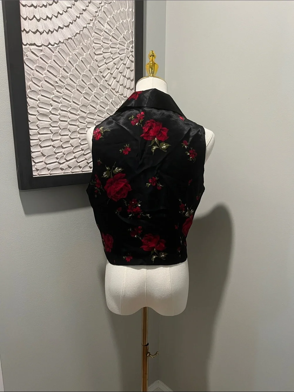 Black Satin Floral Tie-Front Vest with Red Roses